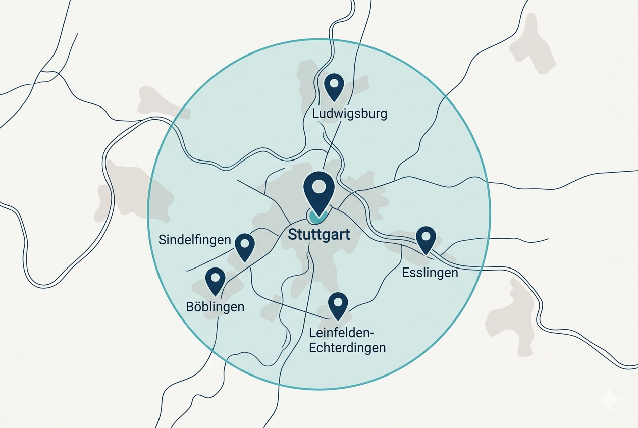 Einsatz-Region von KACE Gebäudereinigung: 35-Kilometer-Radius um Stuttgart-Mitte mit sechs Stadtbezirken im Kerngebiet und fünf Umland-Standorten.